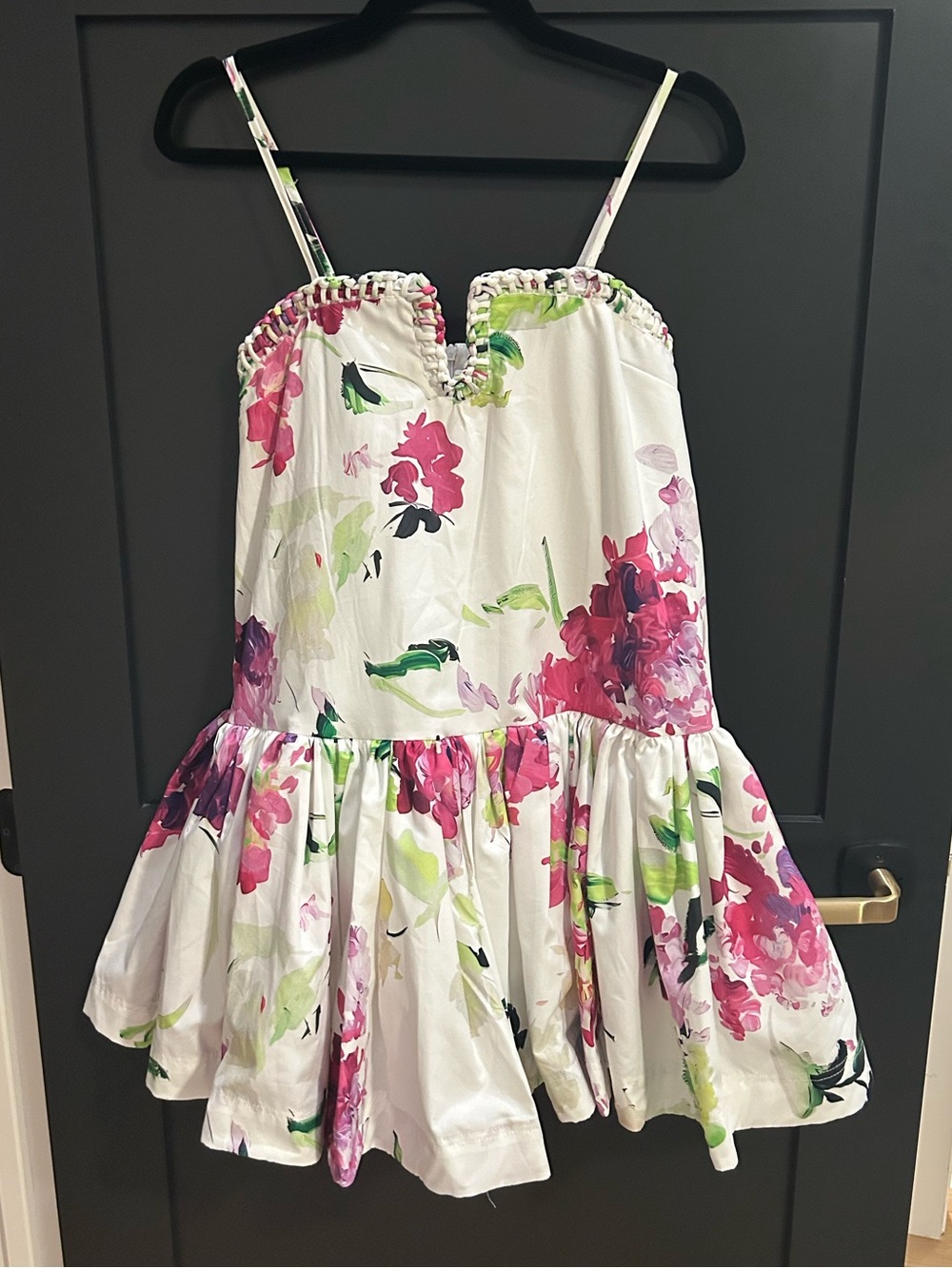 White Floral Mini Dress with Pink & Green Print